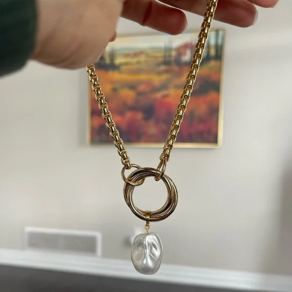 Statement Gold Necklace with Pearl Pendant 16 inches - Picture 7 of 12